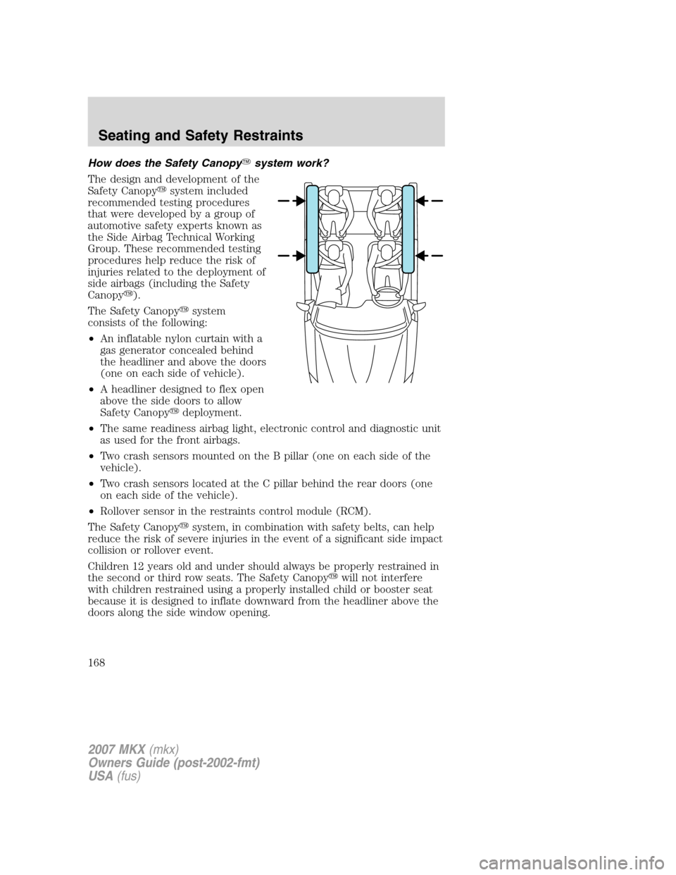 LINCOLN MKX 2007 User Guide How does the Safety Canopysystem work?
The design and development of the
Safety Canopysystem included
recommended testing procedures
that were developed by a group of
automotive safety experts known