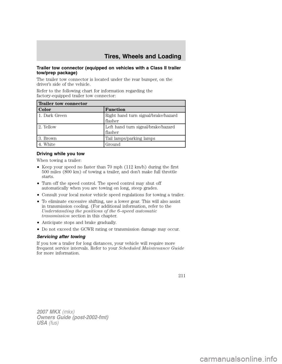 LINCOLN MKX 2007 Owners Manual Trailer tow connector (equipped on vehicles with a Class II trailer
tow/prep package)
The trailer tow connector is located under the rear bumper, on the
driver’s side of the vehicle.
Refer to the fo LINCOLN MKX 2007 Owners Manual Trailer tow connector (equipped on vehicles with a Class II trailer
tow/prep package)
The trailer tow connector is located under the rear bumper, on the
driver’s side of the vehicle.
Refer to the fo