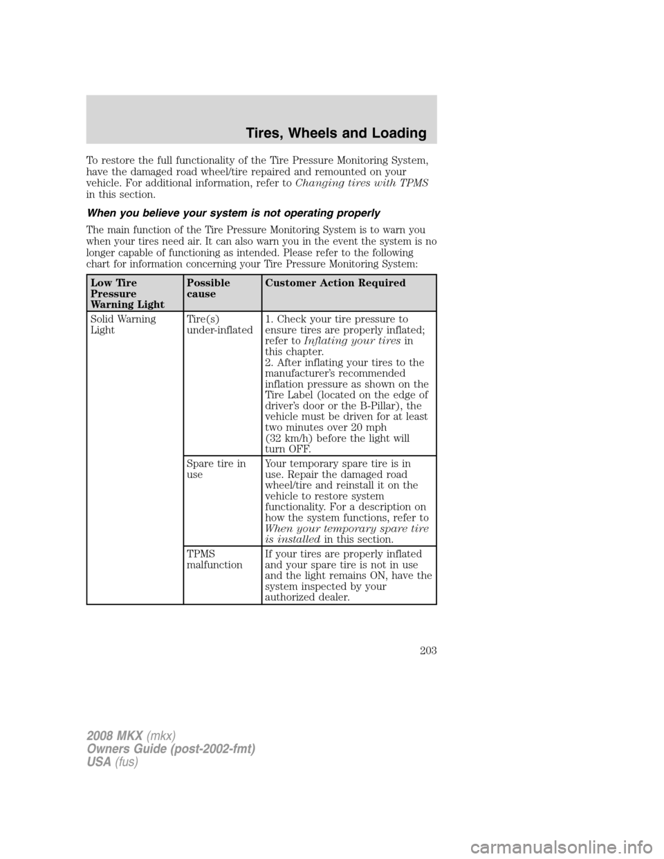 LINCOLN MKX 2008 Owners Manual To restore the full functionality of the Tire Pressure Monitoring System,
have the damaged road wheel/tire repaired and remounted on your
vehicle. For additional information, refer toChanging tires wi LINCOLN MKX 2008 Owners Manual To restore the full functionality of the Tire Pressure Monitoring System,
have the damaged road wheel/tire repaired and remounted on your
vehicle. For additional information, refer toChanging tires wi