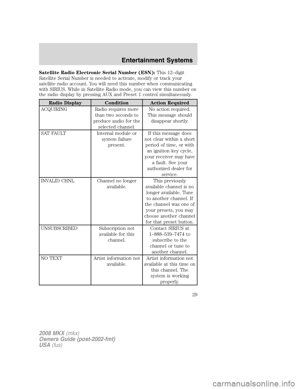 LINCOLN MKX 2008 Owners Manual Satellite Radio Electronic Serial Number (ESN):This 12–digit
Satellite Serial Number is needed to activate, modify or track your
satellite radio account. You will need this number when communicating LINCOLN MKX 2008 Owners Manual Satellite Radio Electronic Serial Number (ESN):This 12–digit
Satellite Serial Number is needed to activate, modify or track your
satellite radio account. You will need this number when communicating