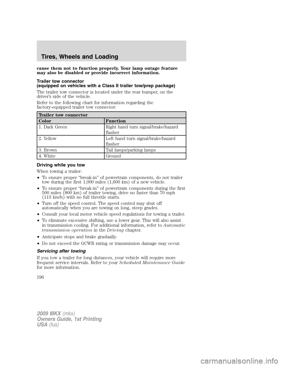 LINCOLN MKX 2009 Owners Manual cause them not to function properly. Your lamp outage feature
may also be disabled or provide incorrect information.
Trailer tow connector
(equipped on vehicles with a Class II trailer tow/prep packag LINCOLN MKX 2009 Owners Manual cause them not to function properly. Your lamp outage feature
may also be disabled or provide incorrect information.
Trailer tow connector
(equipped on vehicles with a Class II trailer tow/prep packag