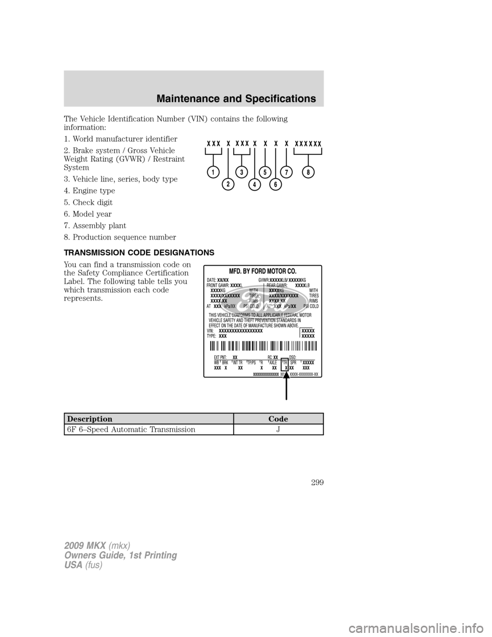 LINCOLN MKX 2009 Owners Manual The Vehicle Identification Number (VIN) contains the following
information:
1. World manufacturer identifier
2. Brake system / Gross Vehicle
Weight Rating (GVWR) / Restraint
System
3. Vehicle line, se LINCOLN MKX 2009 Owners Manual The Vehicle Identification Number (VIN) contains the following
information:
1. World manufacturer identifier
2. Brake system / Gross Vehicle
Weight Rating (GVWR) / Restraint
System
3. Vehicle line, se