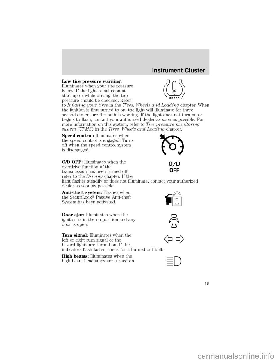 LINCOLN MKX 2010  Owners Manual Low tire pressure warning:
Illuminates when your tire pressure
is low. If the light remains on at
start up or while driving, the tire
pressure should be checked. Refer
toInflating your tiresin theTire