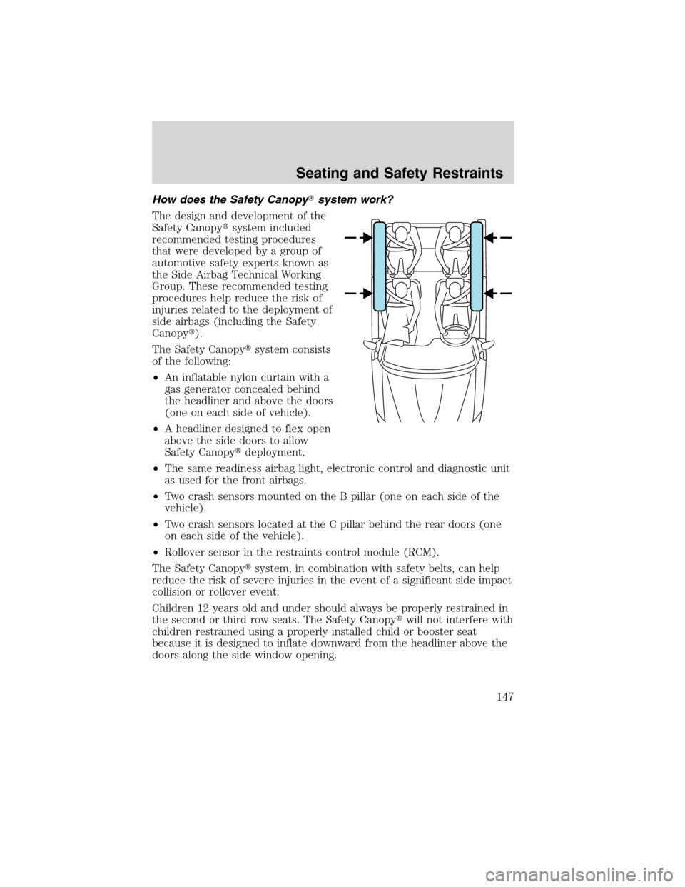 LINCOLN MKX 2010 User Guide How does the Safety Canopysystem work?
The design and development of the
Safety Canopysystem included
recommended testing procedures
that were developed by a group of
automotive safety experts known