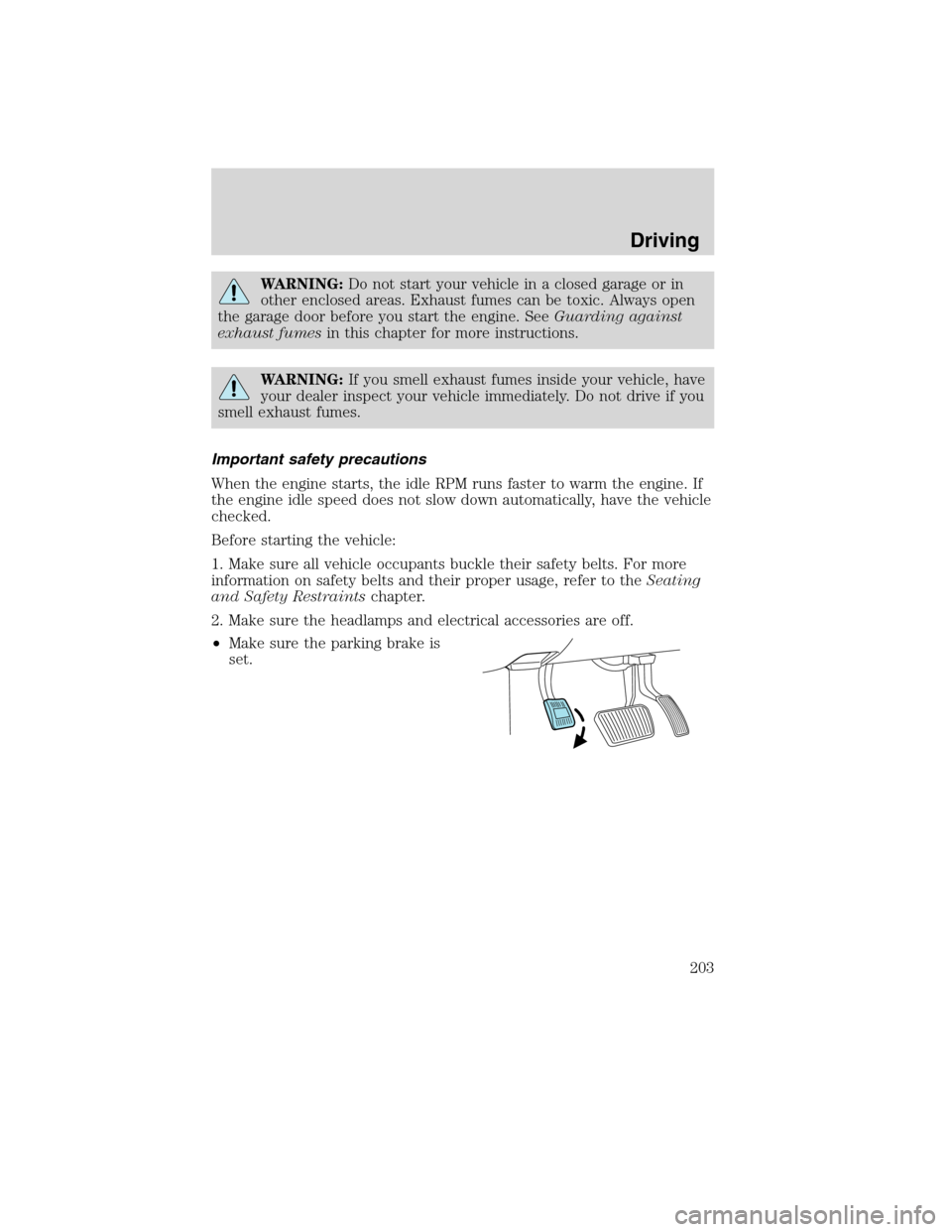 LINCOLN MKX 2010 User Guide WARNING:Do not start your vehicle in a closed garage or in
other enclosed areas. Exhaust fumes can be toxic. Always open
the garage door before you start the engine. SeeGuarding against
exhaust fumesi