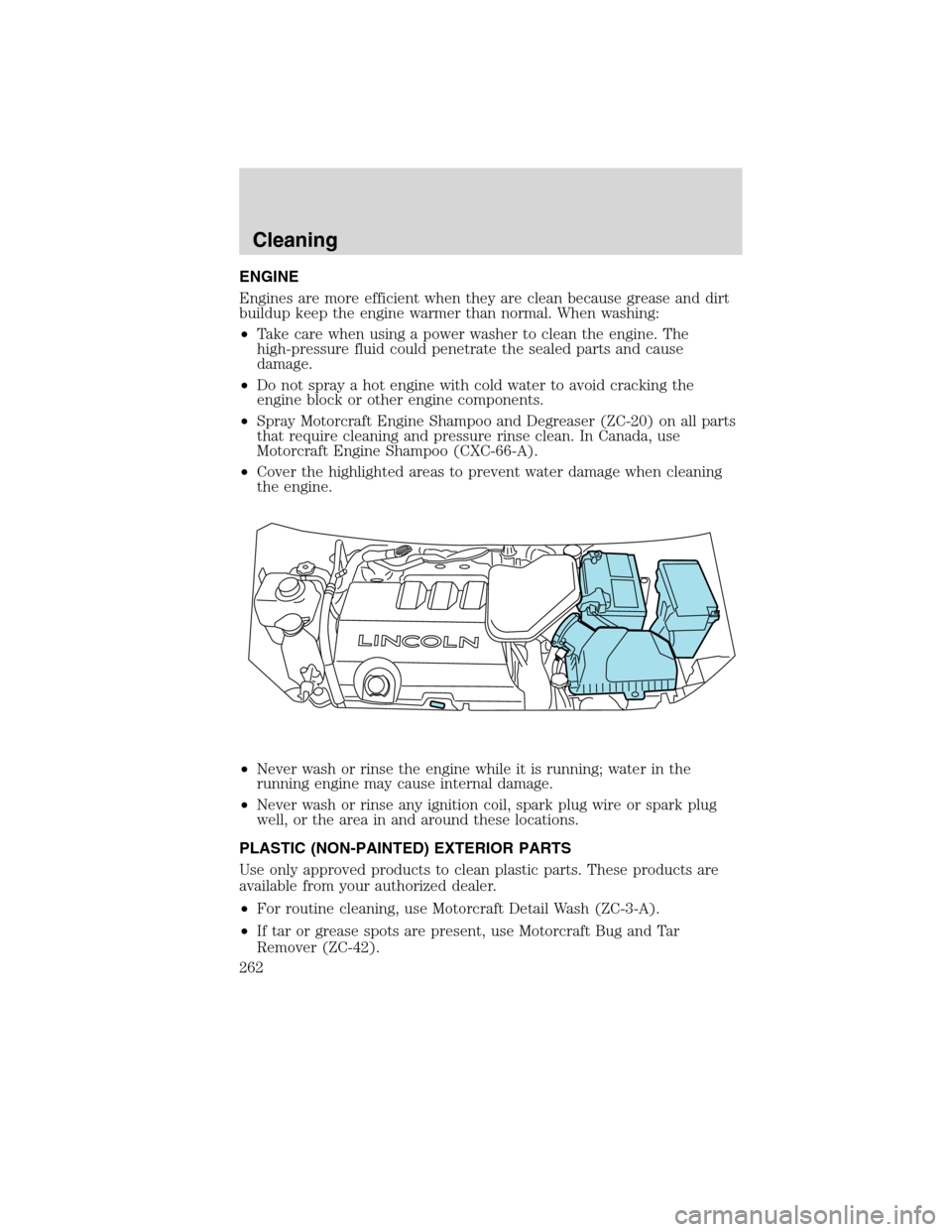 LINCOLN MKX 2010  Owners Manual ENGINE
Engines are more efficient when they are clean because grease and dirt
buildup keep the engine warmer than normal. When washing:
•Take care when using a power washer to clean the engine. The
