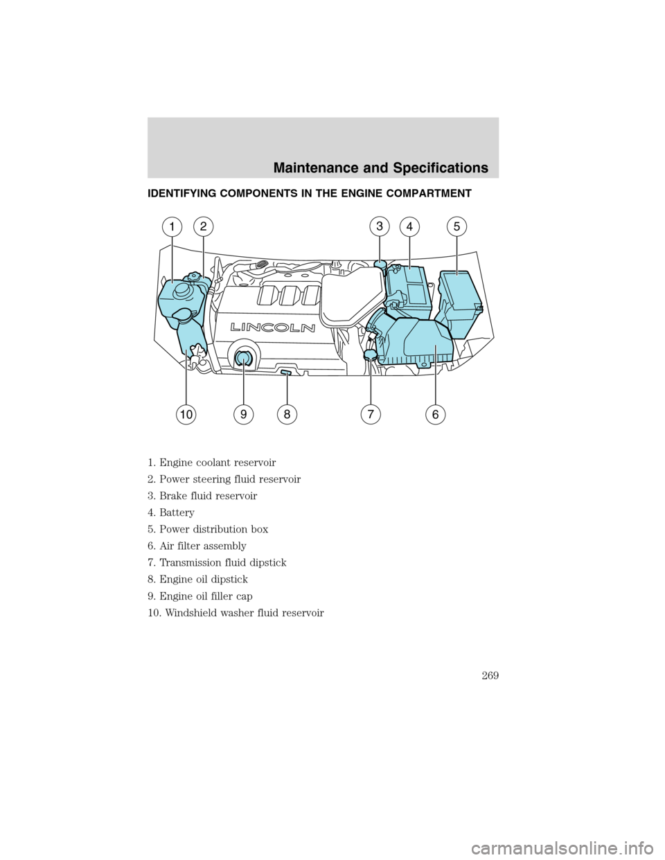 LINCOLN MKX 2010 Owners Manual IDENTIFYING COMPONENTS IN THE ENGINE COMPARTMENT
1. Engine coolant reservoir
2. Power steering fluid reservoir
3. Brake fluid reservoir
4. Battery
5. Power distribution box
6. Air filter assembly
7. T LINCOLN MKX 2010 Owners Manual IDENTIFYING COMPONENTS IN THE ENGINE COMPARTMENT
1. Engine coolant reservoir
2. Power steering fluid reservoir
3. Brake fluid reservoir
4. Battery
5. Power distribution box
6. Air filter assembly
7. T
