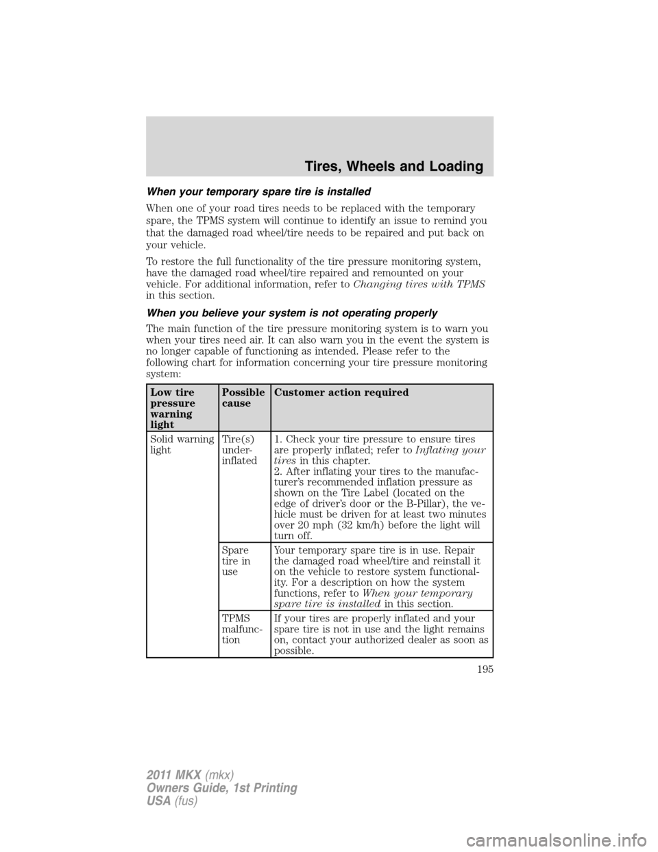 LINCOLN MKX 2011  Owners Manual When your temporary spare tire is installed
When one of your road tires needs to be replaced with the temporary
spare, the TPMS system will continue to identify an issue to remind you
that the damaged