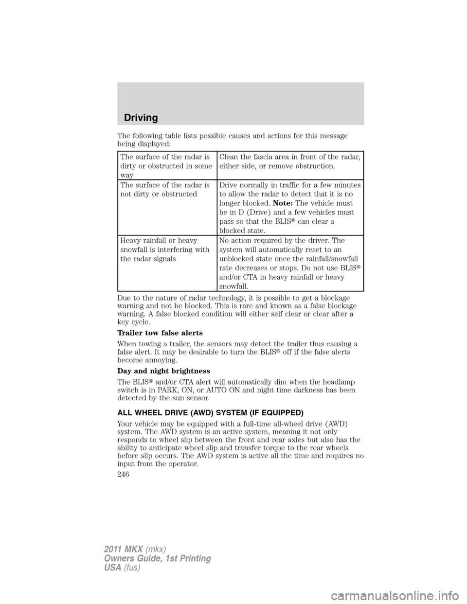 LINCOLN MKX 2011 Owners Manual The following table lists possible causes and actions for this message
being displayed:
The surface of the radar is
dirty or obstructed in some
wayClean the fascia area in front of the radar,
either s