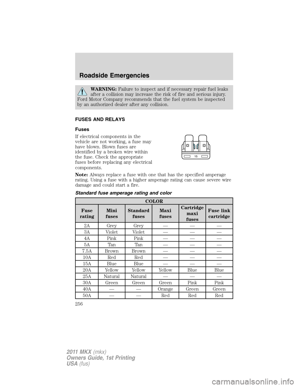 LINCOLN MKX 2011 Owners Manual WARNING:Failure to inspect and if necessary repair fuel leaks
after a collision may increase the risk of fire and serious injury.
Ford Motor Company recommends that the fuel system be inspected
by an LINCOLN MKX 2011 Owners Manual WARNING:Failure to inspect and if necessary repair fuel leaks
after a collision may increase the risk of fire and serious injury.
Ford Motor Company recommends that the fuel system be inspected
by an