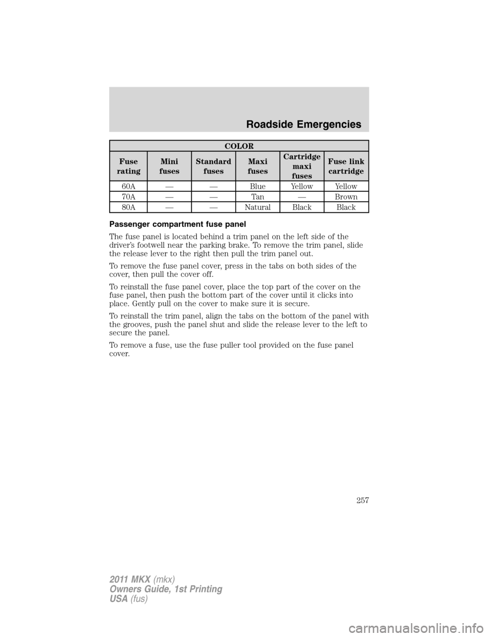 LINCOLN MKX 2011 Owners Manual COLOR
Fuse
ratingMini
fusesStandard
fusesMaxi
fusesCartridge
maxi
fusesFuse link
cartridge
60A — — Blue Yellow Yellow
70A — — Tan — Brown
80A — — Natural Black Black
Passenger compartmen LINCOLN MKX 2011 Owners Manual COLOR
Fuse
ratingMini
fusesStandard
fusesMaxi
fusesCartridge
maxi
fusesFuse link
cartridge
60A — — Blue Yellow Yellow
70A — — Tan — Brown
80A — — Natural Black Black
Passenger compartmen