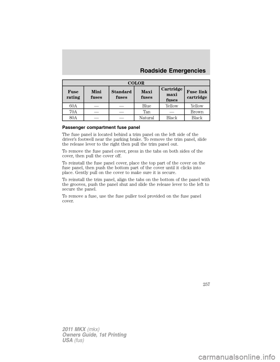 LINCOLN MKX 2011  Owners Manual COLOR
Fuse
ratingMini
fusesStandard
fusesMaxi
fusesCartridge
maxi
fusesFuse link
cartridge
60A — — Blue Yellow Yellow
70A — — Tan — Brown
80A — — Natural Black Black
Passenger compartmen