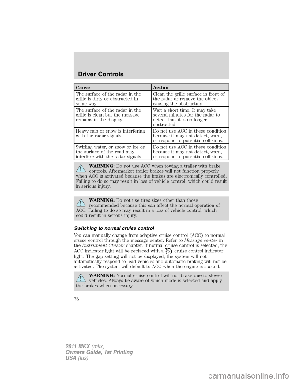 LINCOLN MKX 2011 Manual PDF Cause Action
The surface of the radar in the
grille is dirty or obstructed in
some wayClean the grille surface in front of
the radar or remove the object
causing the obstruction
The surface of the rad