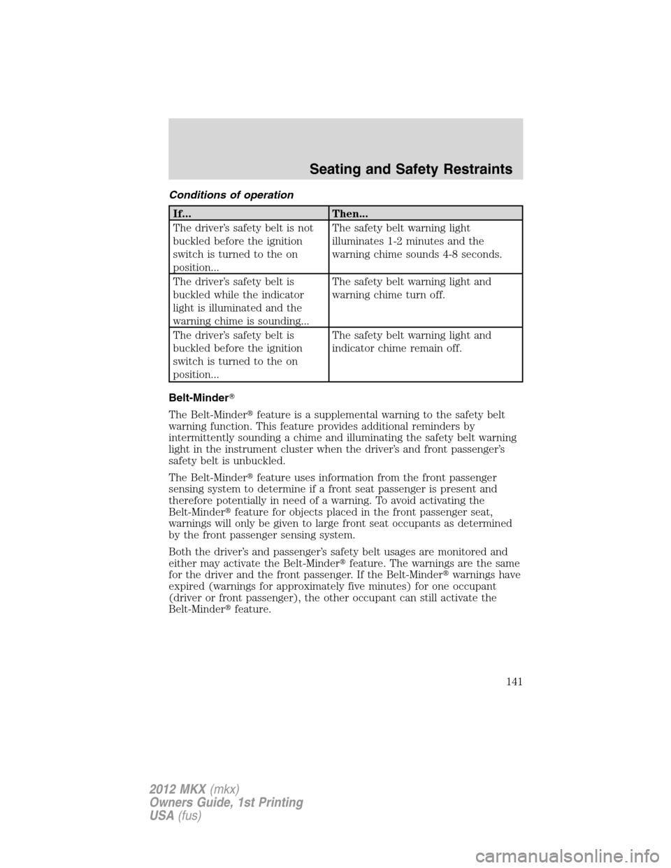 LINCOLN MKX 2012  Owners Manual Conditions of operation
If... Then...
The driver’s safety belt is not
buckled before the ignition
switch is turned to the on
position...The safety belt warning light
illuminates 1-2 minutes and the
