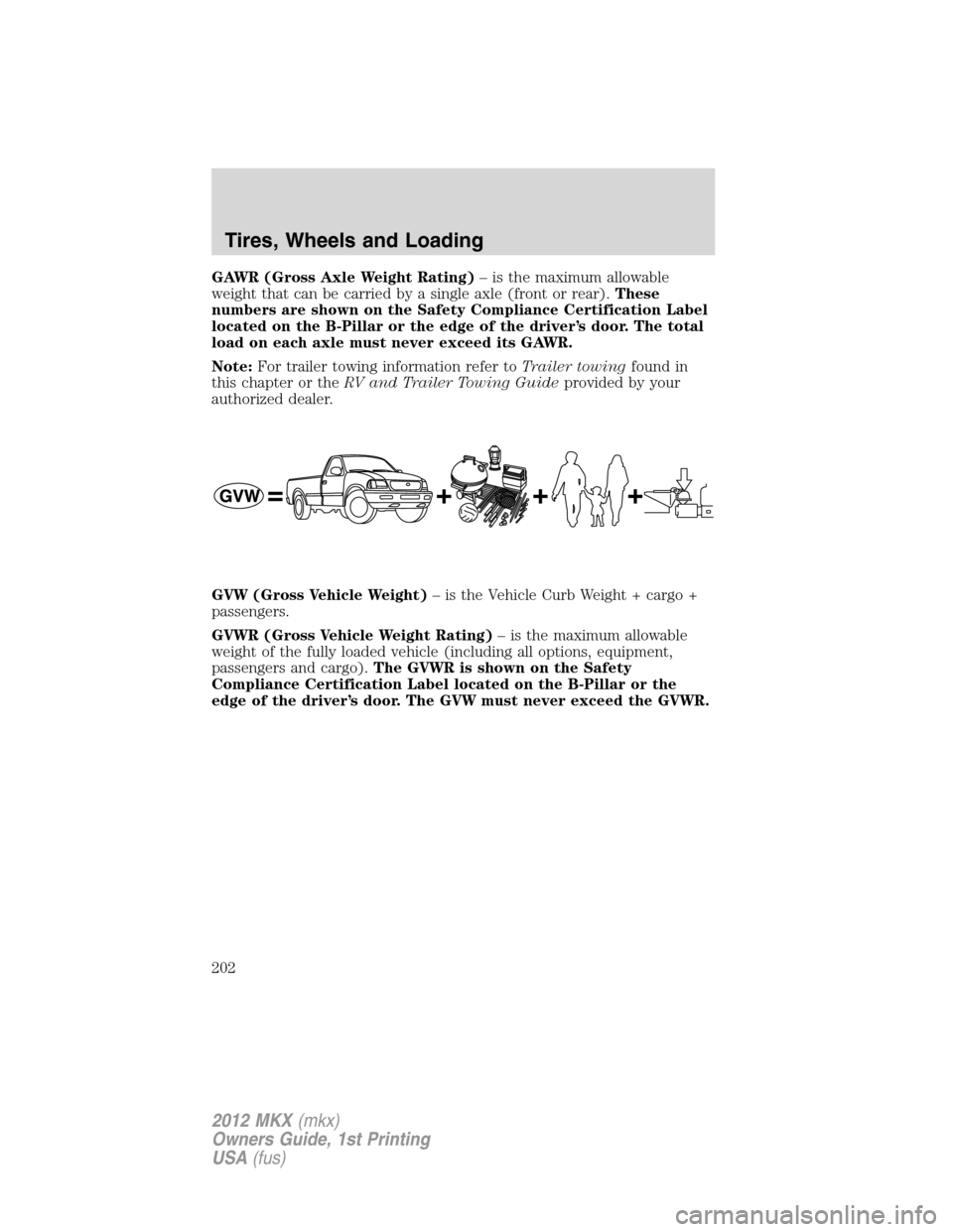 LINCOLN MKX 2012  Owners Manual GAWR (Gross Axle Weight Rating)– is the maximum allowable
weight that can be carried by a single axle (front or rear).These
numbers are shown on the Safety Compliance Certification Label
located on 