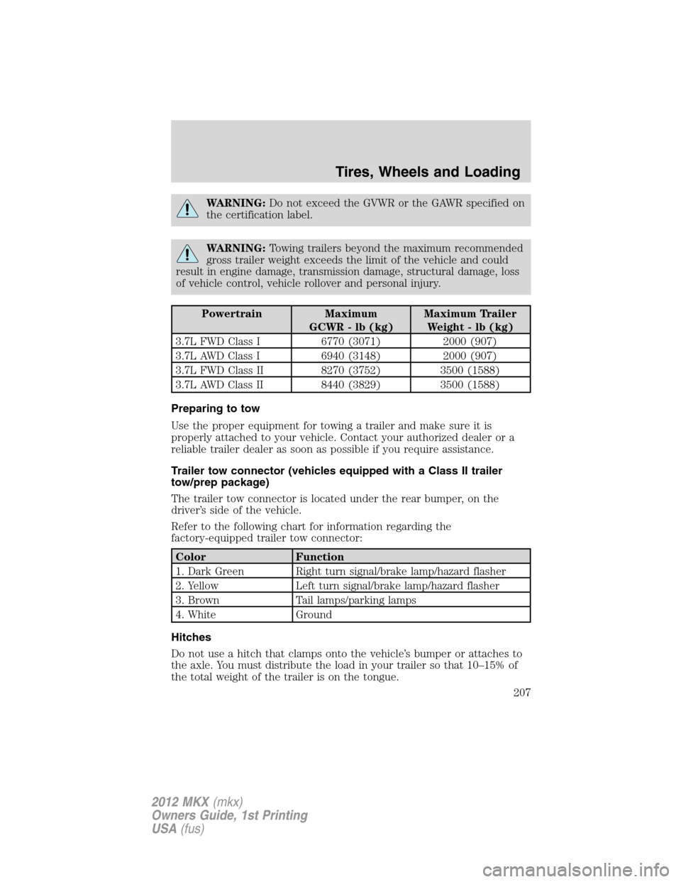 LINCOLN MKX 2012 Owners Guide WARNING:Do not exceed the GVWR or the GAWR specified on
the certification label.
WARNING:Towing trailers beyond the maximum recommended
gross trailer weight exceeds the limit of the vehicle and could
