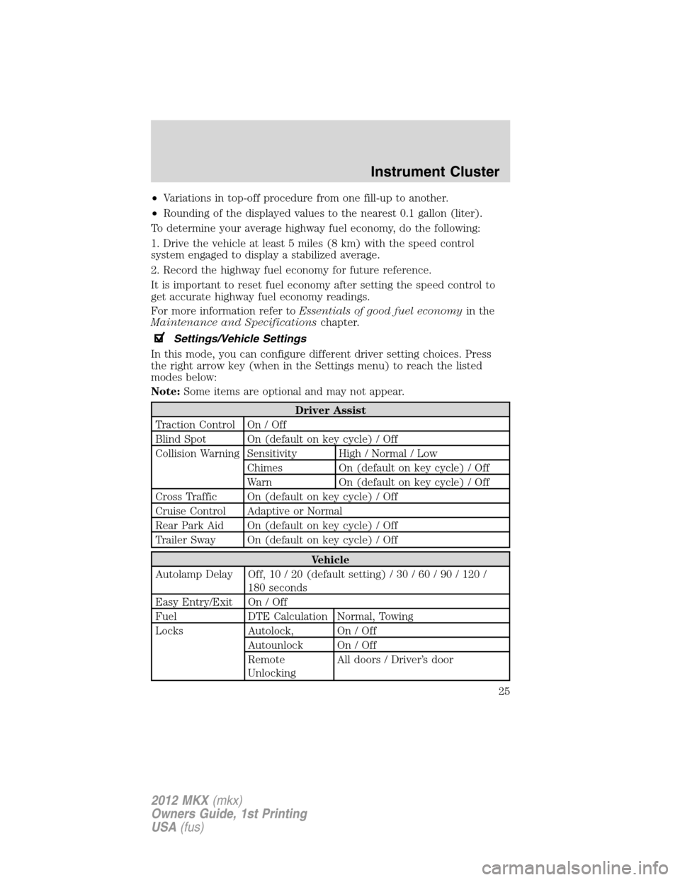 LINCOLN MKX 2012 Owners Manual •Variations in top-off procedure from one fill-up to another.
•Rounding of the displayed values to the nearest 0.1 gallon (liter).
To determine your average highway fuel economy, do the following: