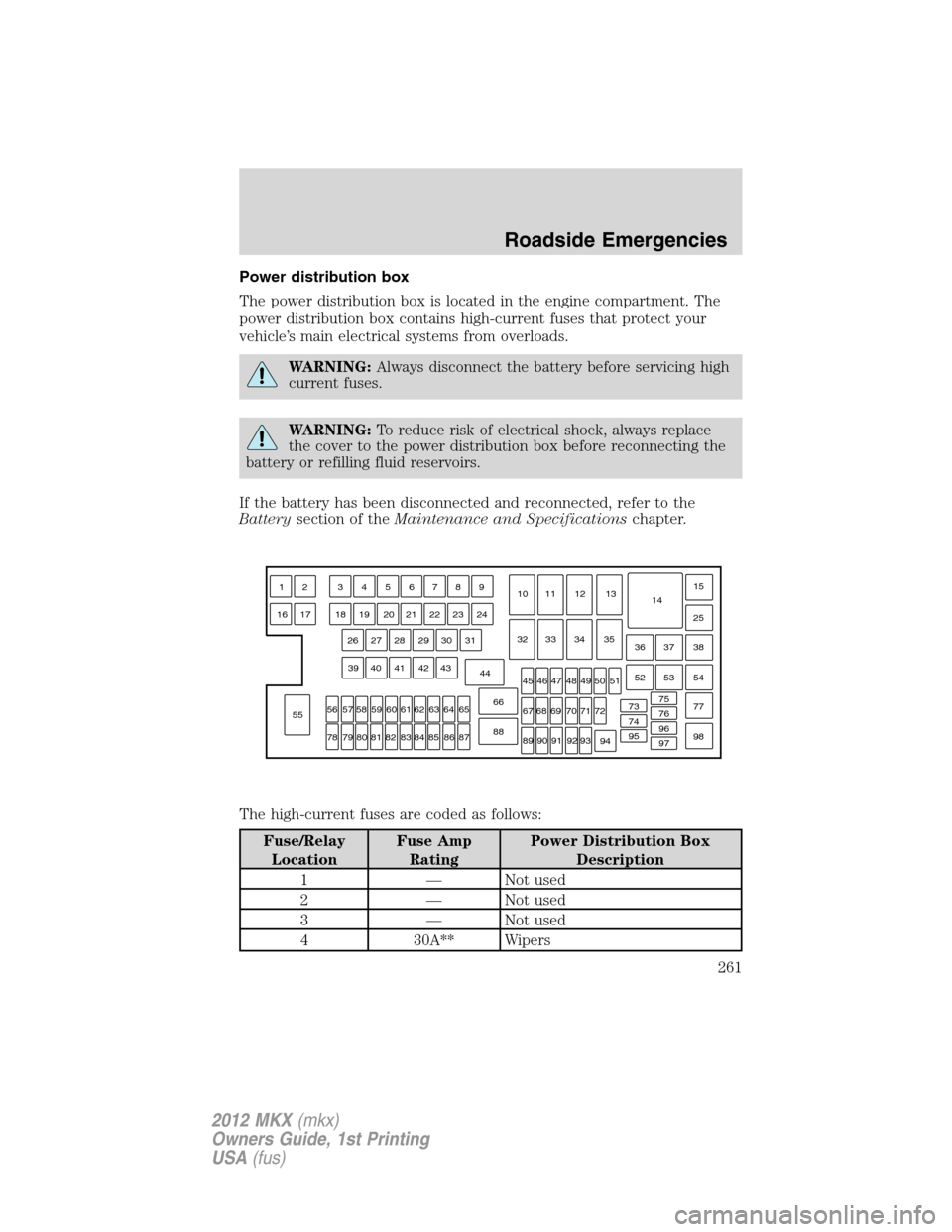 LINCOLN MKX 2012  Owners Manual Power distribution box
The power distribution box is located in the engine compartment. The
power distribution box contains high-current fuses that protect your
vehicle’s main electrical systems fro