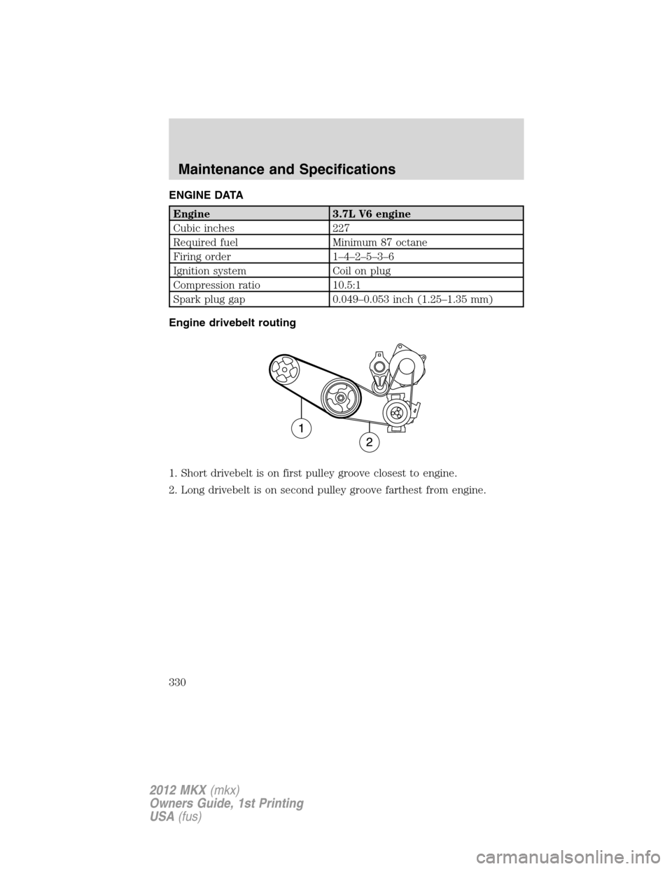 LINCOLN MKX 2012 Owners Manual ENGINE DATA
Engine 3.7L V6 engine
Cubic inches 227
Required fuel Minimum 87 octane
Firing order 1–4–2–5–3–6
Ignition system Coil on plug
Compression ratio 10.5:1
Spark plug gap 0.049–0.053 LINCOLN MKX 2012 Owners Manual ENGINE DATA
Engine 3.7L V6 engine
Cubic inches 227
Required fuel Minimum 87 octane
Firing order 1–4–2–5–3–6
Ignition system Coil on plug
Compression ratio 10.5:1
Spark plug gap 0.049–0.053