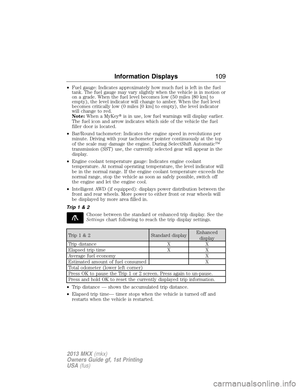 LINCOLN MKX 2013 Owners Manual •Fuel gauge: Indicates approximately how much fuel is left in the fuel
tank. The fuel gauge may vary slightly when the vehicle is in motion or
on a grade. When the fuel level becomes low (50 miles [ LINCOLN MKX 2013 Owners Manual •Fuel gauge: Indicates approximately how much fuel is left in the fuel
tank. The fuel gauge may vary slightly when the vehicle is in motion or
on a grade. When the fuel level becomes low (50 miles [