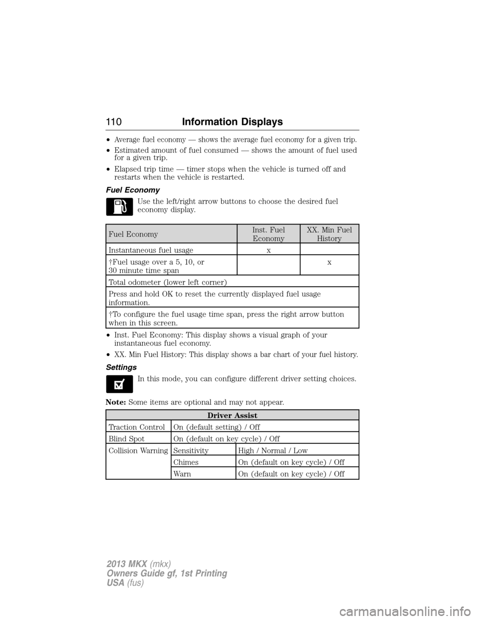 LINCOLN MKX 2013  Owners Manual •Average fuel economy — shows the average fuel economy for a given trip.
•Estimated amount of fuel consumed — shows the amount of fuel used
for a given trip.
•Elapsed trip time — timer sto