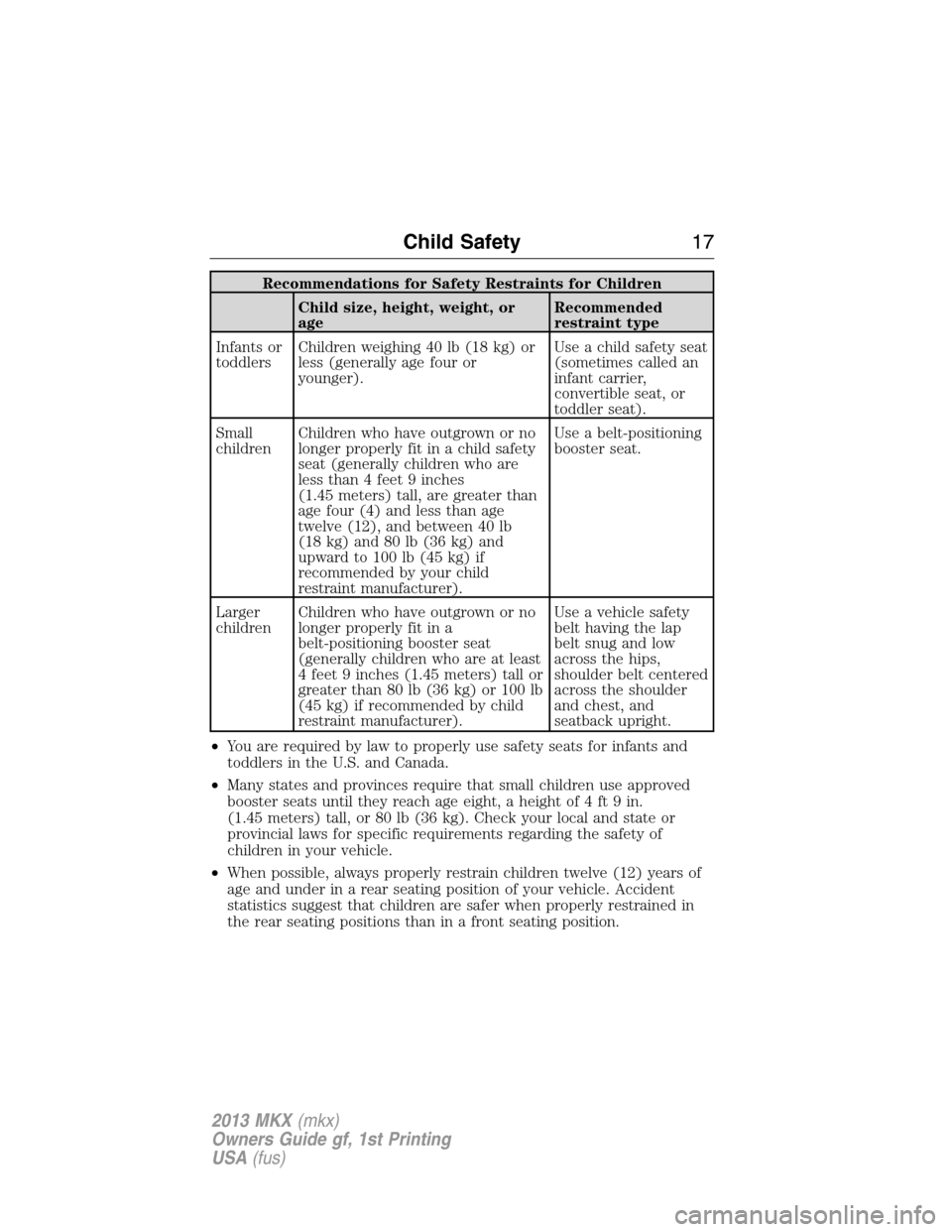 LINCOLN MKX 2013 User Guide Recommendations for Safety Restraints for Children
Child size, height, weight, or
ageRecommended
restraint type
Infants or
toddlersChildren weighing 40 lb (18 kg) or
less (generally age four or
younge