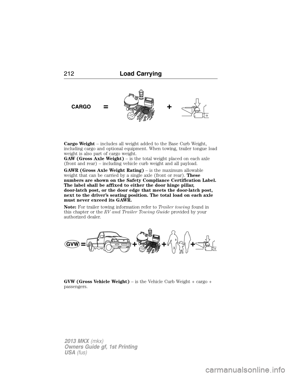 LINCOLN MKX 2013 Owners Manual Cargo Weight– includes all weight added to the Base Curb Weight,
including cargo and optional equipment. When towing, trailer tongue load
weight is also part of cargo weight.
GAW (Gross Axle Weight) LINCOLN MKX 2013 Owners Manual Cargo Weight– includes all weight added to the Base Curb Weight,
including cargo and optional equipment. When towing, trailer tongue load
weight is also part of cargo weight.
GAW (Gross Axle Weight)