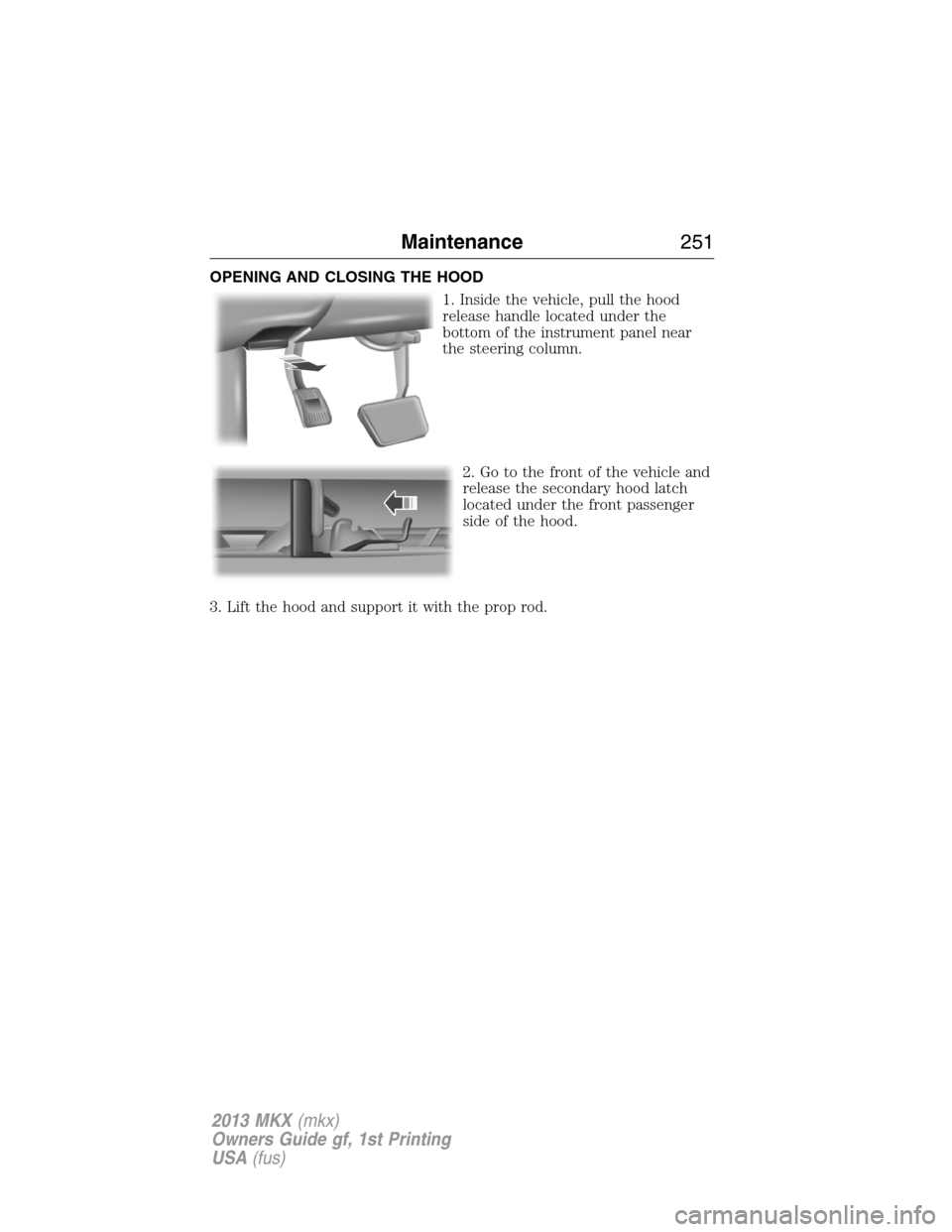 LINCOLN MKX 2013 Owners Manual OPENING AND CLOSING THE HOOD
1. Inside the vehicle, pull the hood
release handle located under the
bottom of the instrument panel near
the steering column.
2. Go to the front of the vehicle and
releas LINCOLN MKX 2013 Owners Manual OPENING AND CLOSING THE HOOD
1. Inside the vehicle, pull the hood
release handle located under the
bottom of the instrument panel near
the steering column.
2. Go to the front of the vehicle and
releas