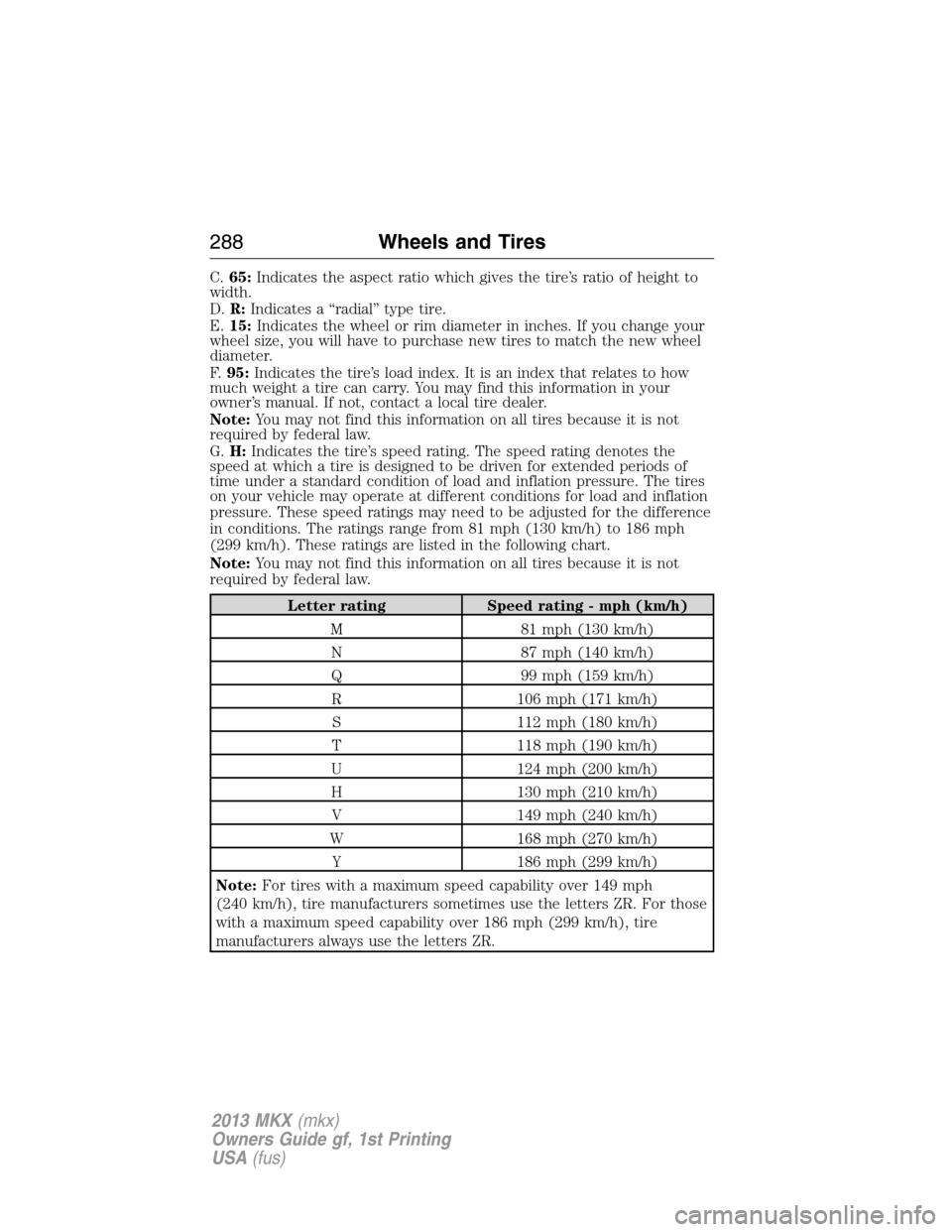 LINCOLN MKX 2013 Owners Manual C.65:Indicates the aspect ratio which gives the tire’s ratio of height to
width.
D.R:Indicates a “radial” type tire.
E.15:Indicates the wheel or rim diameter in inches. If you change your
wheel LINCOLN MKX 2013 Owners Manual C.65:Indicates the aspect ratio which gives the tire’s ratio of height to
width.
D.R:Indicates a “radial” type tire.
E.15:Indicates the wheel or rim diameter in inches. If you change your
wheel