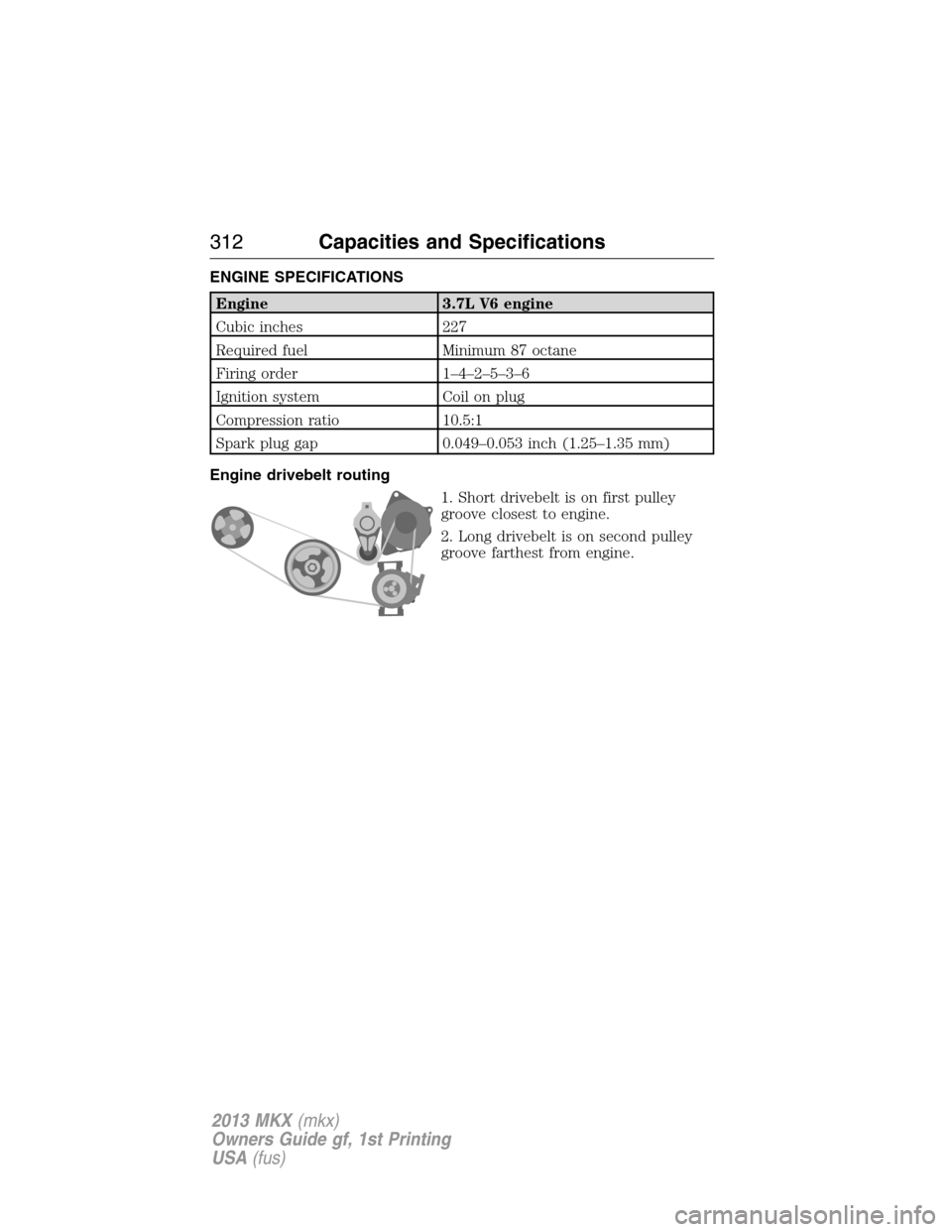 LINCOLN MKX 2013  Owners Manual ENGINE SPECIFICATIONS
Engine 3.7L V6 engine
Cubic inches 227
Required fuel Minimum 87 octane
Firing order 1–4–2–5–3–6
Ignition system Coil on plug
Compression ratio 10.5:1
Spark plug gap 0.0