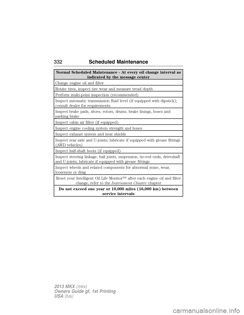 LINCOLN MKX 2013  Owners Manual Normal Scheduled Maintenance - At every oil change interval as
indicated by the message center
Change engine oil and filter
Rotate tires, inspect tire wear and measure tread depth
Perform multi-point 