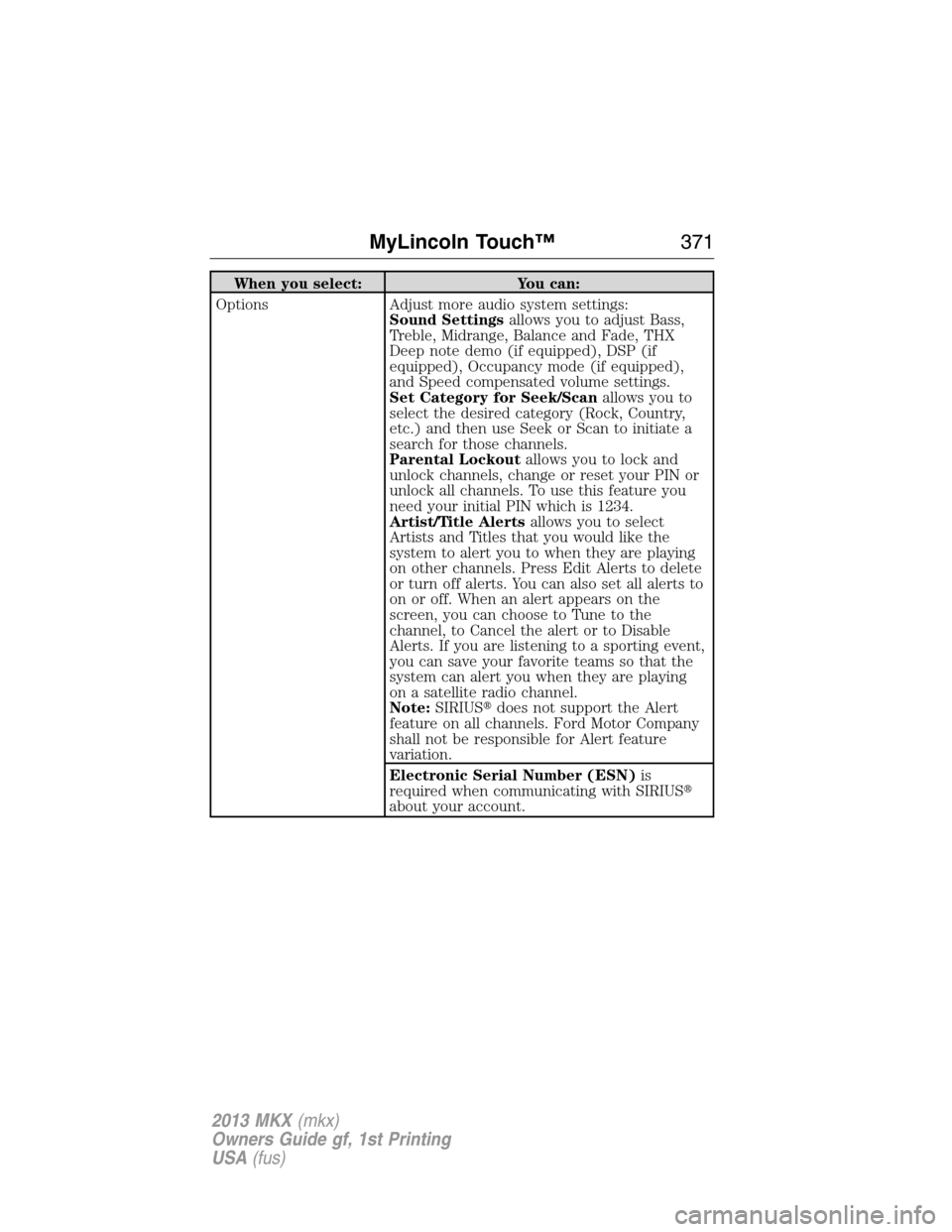 LINCOLN MKX 2013  Owners Manual When you select: You can:
Options Adjust more audio system settings:
Sound Settingsallows you to adjust Bass,
Treble, Midrange, Balance and Fade, THX
Deep note demo (if equipped), DSP (if
equipped), O