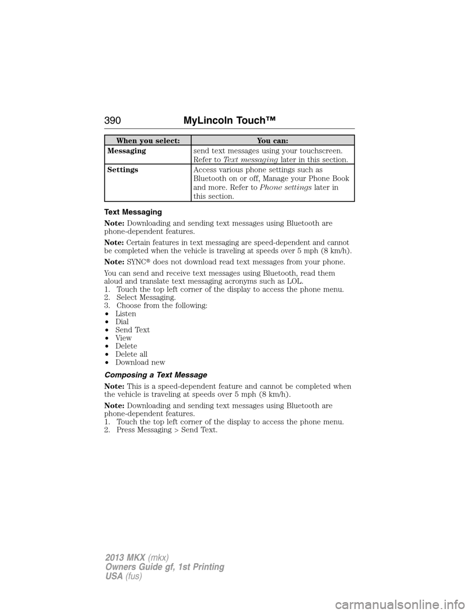 LINCOLN MKX 2013  Owners Manual When you select: You can:
Messagingsend text messages using your touchscreen.
Refer toText messaginglater in this section.
SettingsAccess various phone settings such as
Bluetooth on or off, Manage you