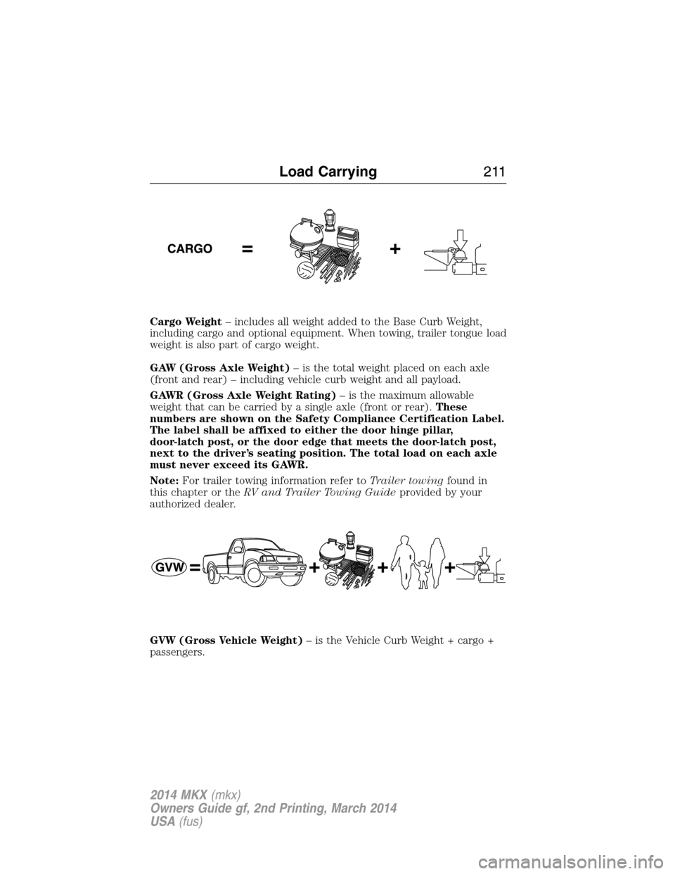 LINCOLN MKX 2014  Owners Manual Cargo Weight– includes all weight added to the Base Curb Weight,
including cargo and optional equipment. When towing, trailer tongue load
weight is also part of cargo weight.
GAW (Gross Axle Weight)