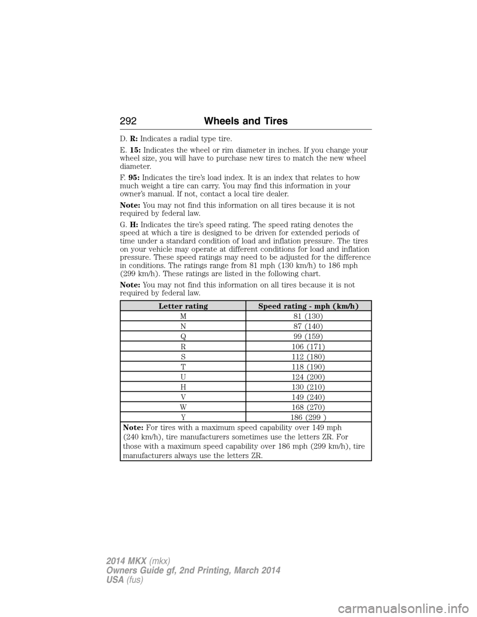 LINCOLN MKX 2014 Owners Manual D.R:Indicates a radial type tire.
E.15:Indicates the wheel or rim diameter in inches. If you change your
wheel size, you will have to purchase new tires to match the new wheel
diameter.
F.95:Indicates LINCOLN MKX 2014 Owners Manual D.R:Indicates a radial type tire.
E.15:Indicates the wheel or rim diameter in inches. If you change your
wheel size, you will have to purchase new tires to match the new wheel
diameter.
F.95:Indicates