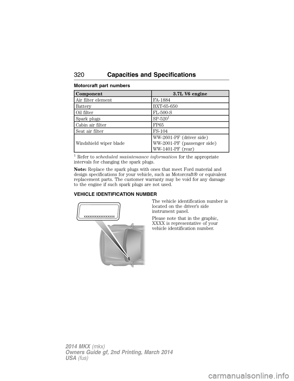 LINCOLN MKX 2014  Owners Manual Motorcraft part numbers
Component 3.7L V6 engine
Air filter element FA-1884
Battery BXT-65-650
Oil filter FL-500-S
Spark plugs SP-520
1
Cabin air filter FP65
Seat air filter FS-104
Windshield wiper bl