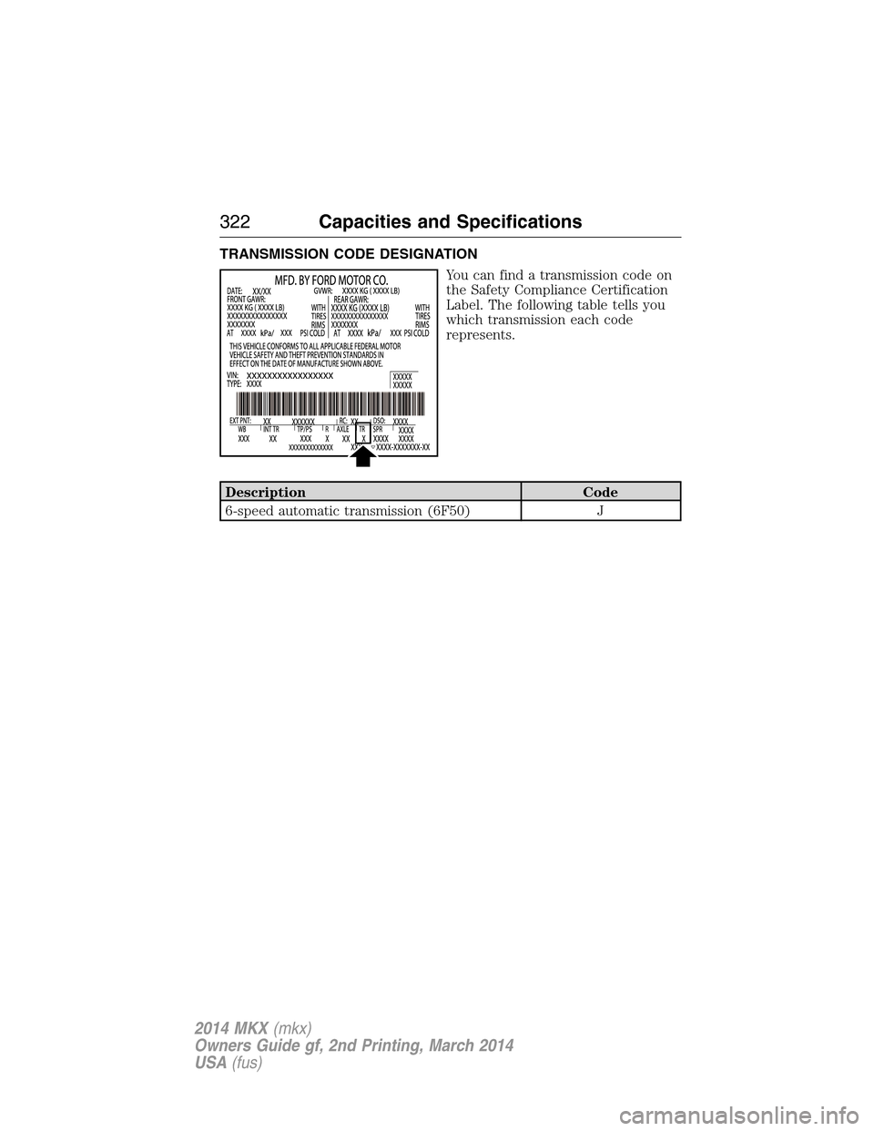 LINCOLN MKX 2014 Owners Manual TRANSMISSION CODE DESIGNATION
You can find a transmission code on
the Safety Compliance Certification
Label. The following table tells you
which transmission each code
represents.
Description Code
6-s LINCOLN MKX 2014 Owners Manual TRANSMISSION CODE DESIGNATION
You can find a transmission code on
the Safety Compliance Certification
Label. The following table tells you
which transmission each code
represents.
Description Code
6-s
