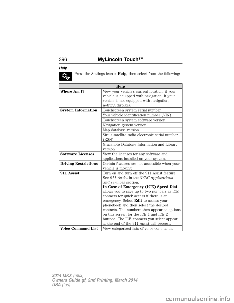 LINCOLN MKX 2014  Owners Manual Help
Press the Settings icon >Help,then select from the following:
Help
Where Am I?View your vehicle’s current location, if your
vehicle is equipped with navigation. If your
vehicle is not equipped 