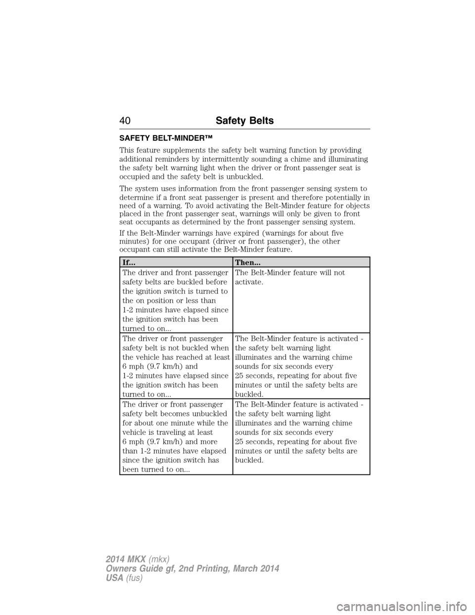 LINCOLN MKX 2014 Service Manual SAFETY BELT-MINDER™
This feature supplements the safety belt warning function by providing
additional reminders by intermittently sounding a chime and illuminating
the safety belt warning light when LINCOLN MKX 2014 Service Manual SAFETY BELT-MINDER™
This feature supplements the safety belt warning function by providing
additional reminders by intermittently sounding a chime and illuminating
the safety belt warning light when