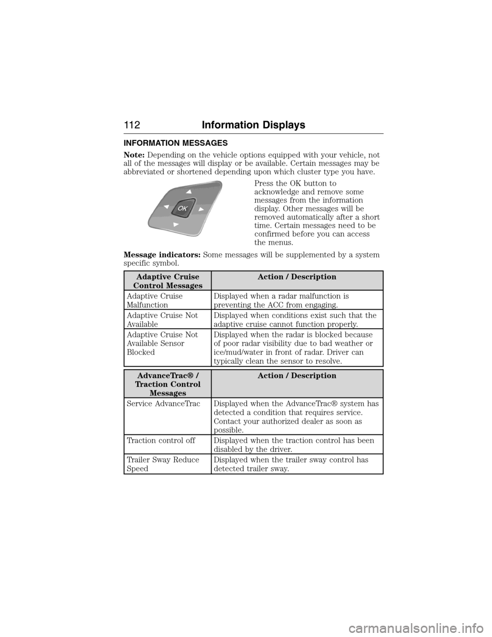 LINCOLN MKX 2015 User Guide INFORMATION MESSAGES
Note:Depending on the vehicle options equipped with your vehicle, not
all of the messages will display or be available. Certain messages may be
abbreviated or shortened depending 