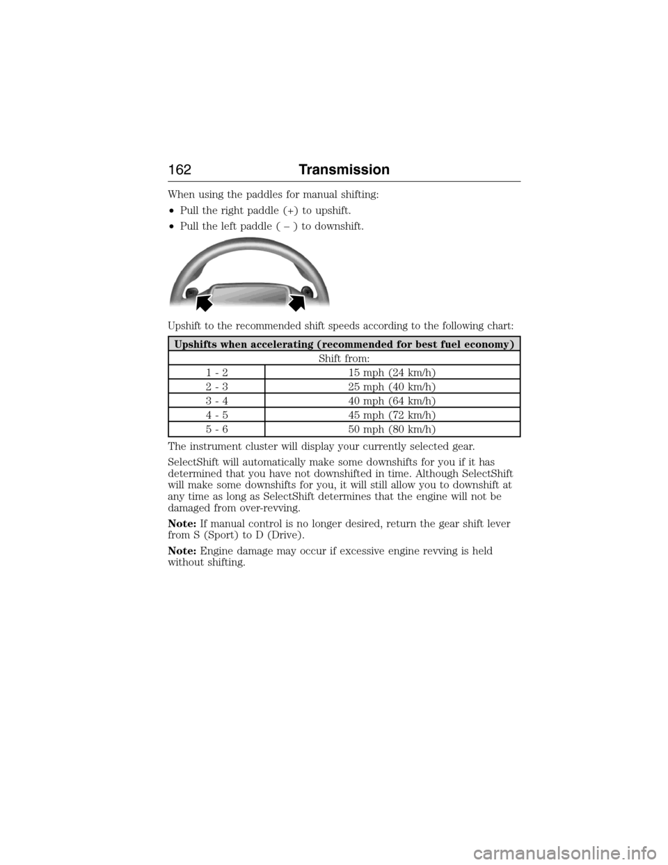 LINCOLN MKX 2015 Owners Manual When using the paddles for manual shifting:
•Pull the right paddle (+) to upshift.
•Pull the left paddle(–)todownshift.
Upshift to the recommended shift speeds according to the following chart:
LINCOLN MKX 2015 Owners Manual When using the paddles for manual shifting:
•Pull the right paddle (+) to upshift.
•Pull the left paddle(–)todownshift.
Upshift to the recommended shift speeds according to the following chart: