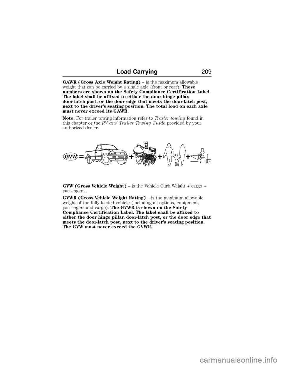 LINCOLN MKX 2015 Owners Manual GAWR (Gross Axle Weight Rating)– is the maximum allowable
weight that can be carried by a single axle (front or rear).These
numbers are shown on the Safety Compliance Certification Label.
The label LINCOLN MKX 2015 Owners Manual GAWR (Gross Axle Weight Rating)– is the maximum allowable
weight that can be carried by a single axle (front or rear).These
numbers are shown on the Safety Compliance Certification Label.
The label