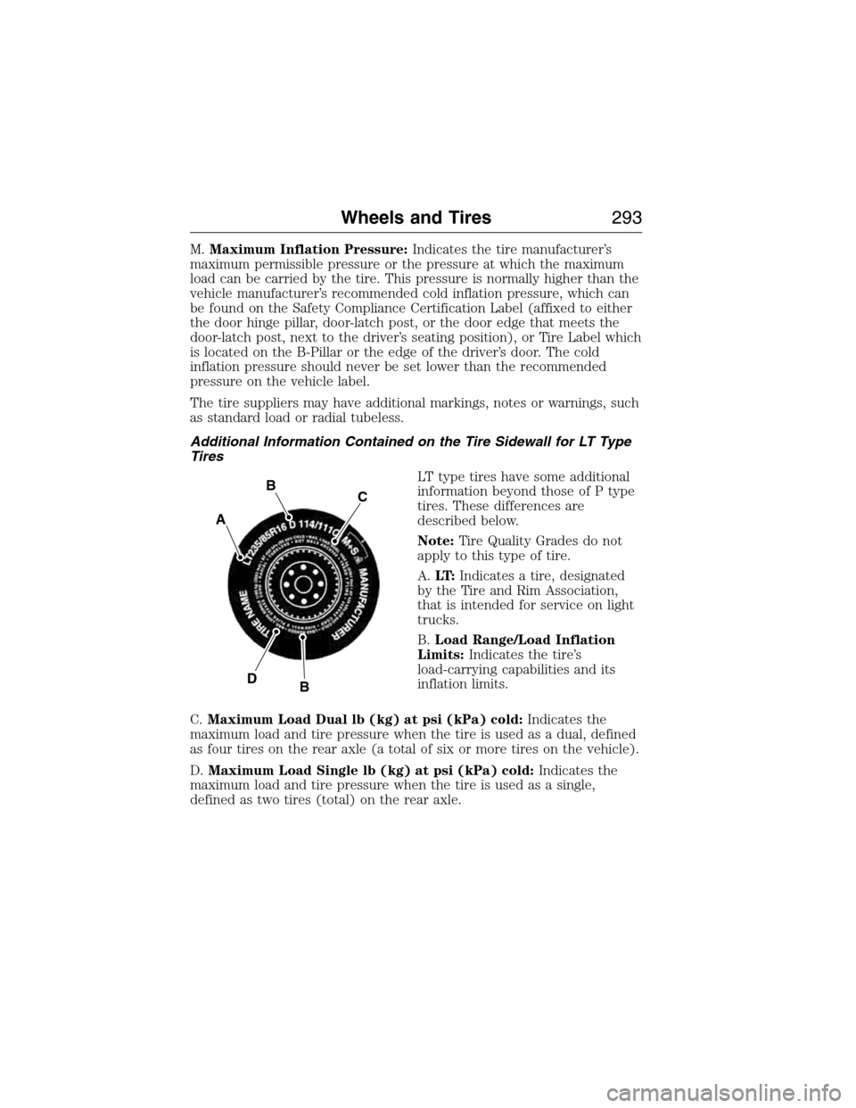 LINCOLN MKX 2015 Owners Manual M.Maximum Inflation Pressure:Indicates the tire manufacturer’s
maximum permissible pressure or the pressure at which the maximum
load can be carried by the tire. This pressure is normally higher tha LINCOLN MKX 2015 Owners Manual M.Maximum Inflation Pressure:Indicates the tire manufacturer’s
maximum permissible pressure or the pressure at which the maximum
load can be carried by the tire. This pressure is normally higher tha