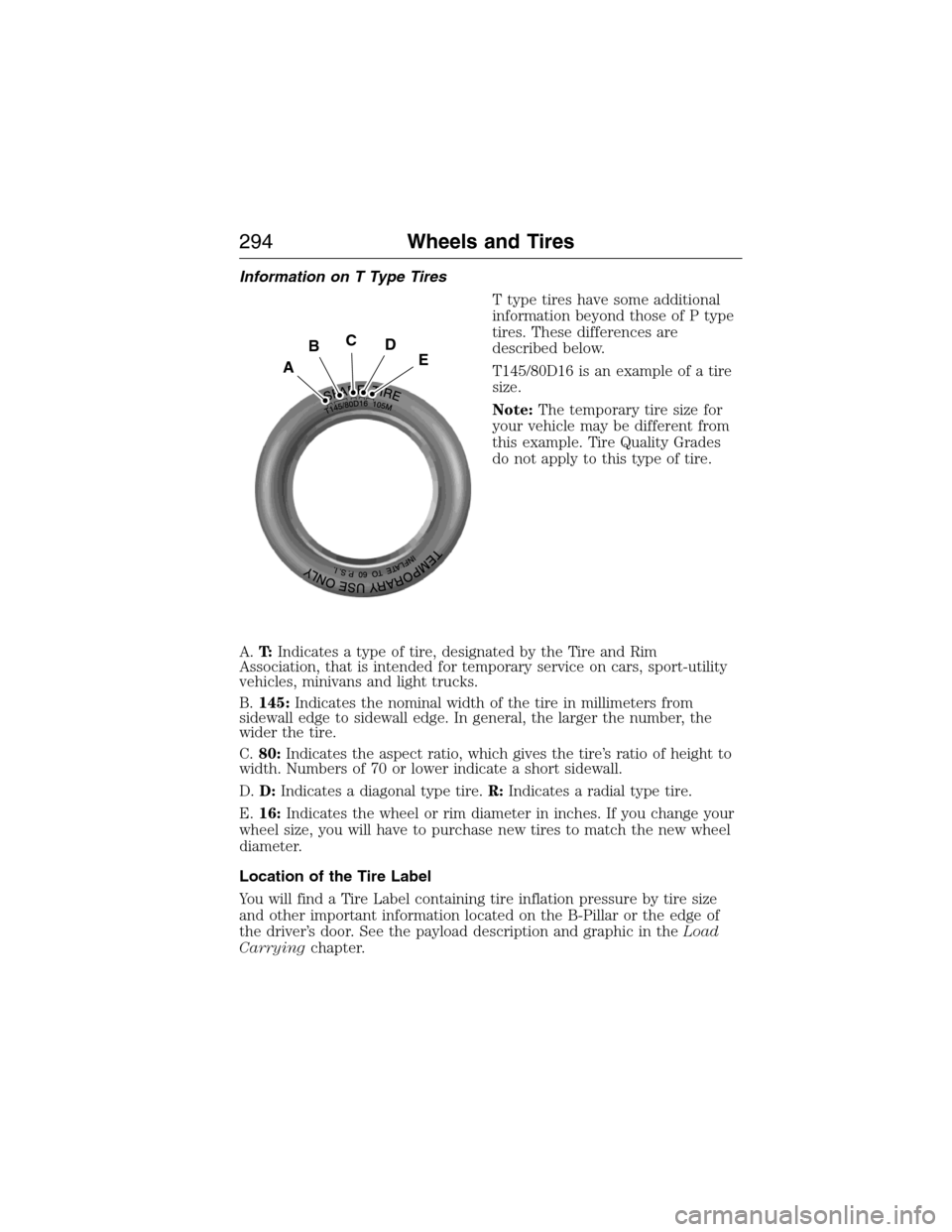 LINCOLN MKX 2015 Owners Manual Information on T Type Tires
T type tires have some additional
information beyond those of P type
tires. These differences are
described below.
T145/80D16 is an example of a tire
size.
Note:The tempora LINCOLN MKX 2015 Owners Manual Information on T Type Tires
T type tires have some additional
information beyond those of P type
tires. These differences are
described below.
T145/80D16 is an example of a tire
size.
Note:The tempora