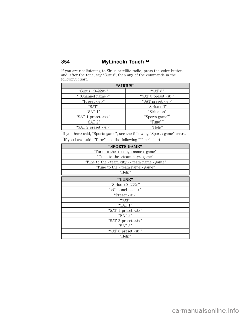 LINCOLN MKX 2015 Owners Manual If you are not listening to Sirius satellite radio, press the voice button
and, after the tone, say “Sirius”, then any of the commands in the
following chart.
“SIRIUS”
“Sirius <0–223>” LINCOLN MKX 2015 Owners Manual If you are not listening to Sirius satellite radio, press the voice button
and, after the tone, say “Sirius”, then any of the commands in the
following chart.
“SIRIUS”
“Sirius <0–223>”