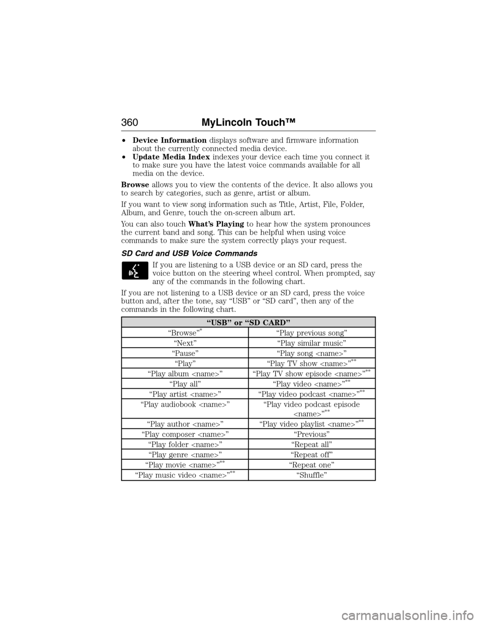 LINCOLN MKX 2015 Manual PDF •Device Informationdisplays software and firmware information
about the currently connected media device.
•Update Media Indexindexes your device each time you connect it
to make sure you have the LINCOLN MKX 2015 Manual PDF •Device Informationdisplays software and firmware information
about the currently connected media device.
•Update Media Indexindexes your device each time you connect it
to make sure you have the
