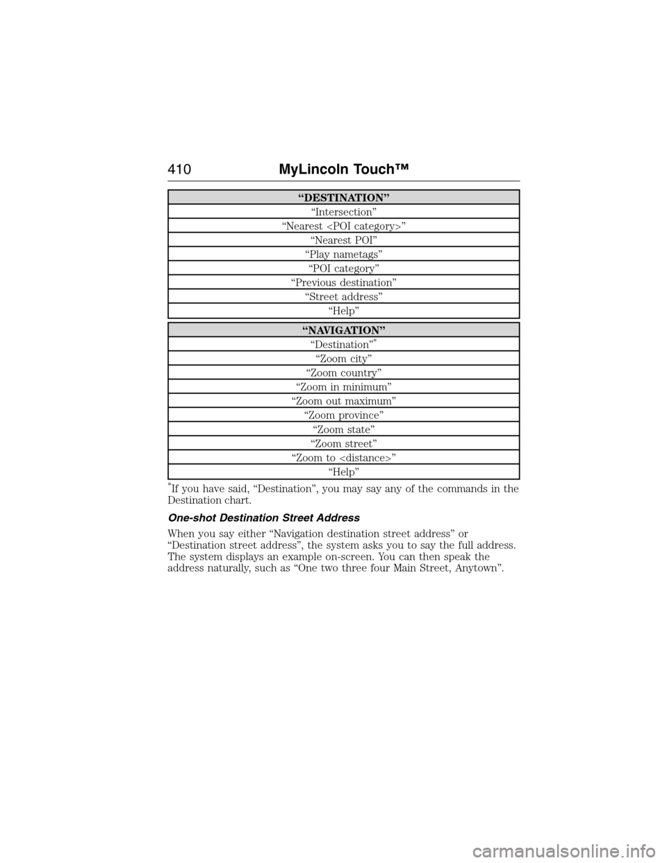 LINCOLN MKX 2015 Owners Manual “DESTINATION”
“Intersection”
“Nearest <POI category>”
“Nearest POI”
“Play nametags”
“POI category”
“Previous destination”
“Street address”
“Help”
“NAVIGATION”
LINCOLN MKX 2015 Owners Manual “DESTINATION”
“Intersection”
“Nearest <POI category>”
“Nearest POI”
“Play nametags”
“POI category”
“Previous destination”
“Street address”
“Help”
“NAVIGATION”