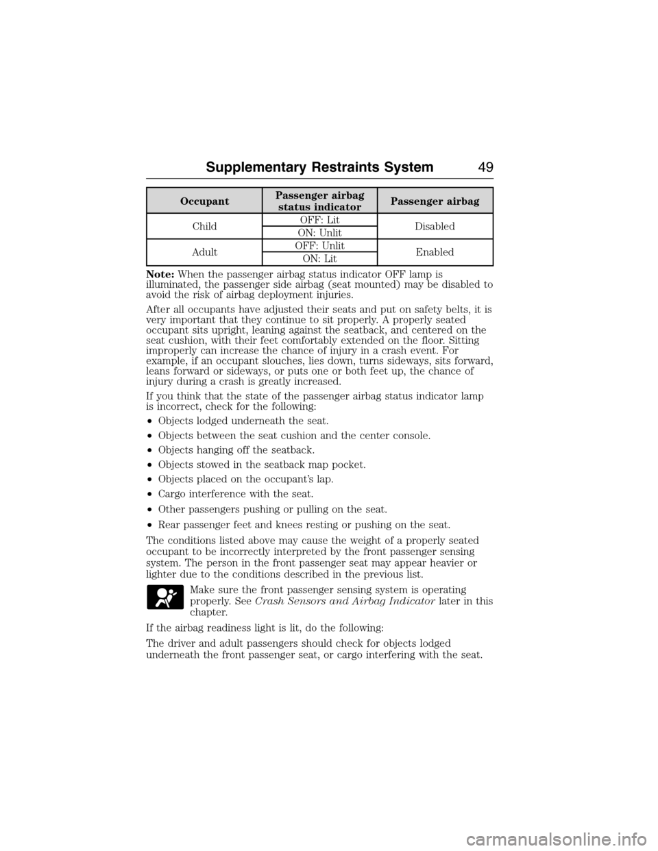 LINCOLN MKX 2015  Owners Manual OccupantPassenger airbag
status indicatorPassenger airbag
ChildOFF: Lit
Disabled
ON: Unlit
AdultOFF: Unlit
Enabled
ON: Lit
Note:When the passenger airbag status indicator OFF lamp is
illuminated, the 