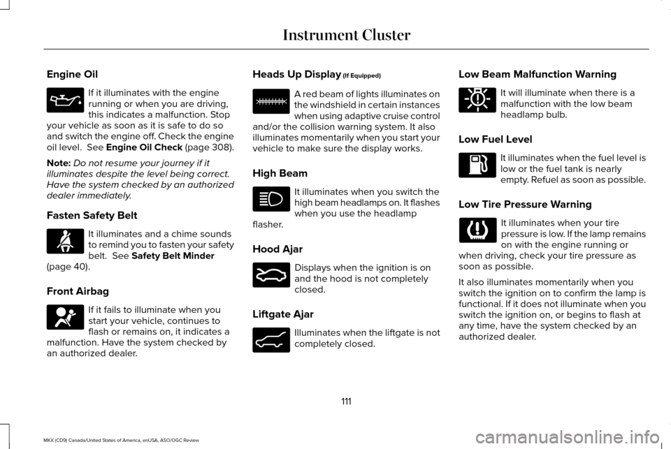 LINCOLN MKX 2016 User Guide Engine Oil
If it illuminates with the engine
running or when you are driving,
this indicates a malfunction. Stop
your vehicle as soon as it is safe to do so
and switch the engine off. Check the engine LINCOLN MKX 2016 User Guide Engine Oil
If it illuminates with the engine
running or when you are driving,
this indicates a malfunction. Stop
your vehicle as soon as it is safe to do so
and switch the engine off. Check the engine
