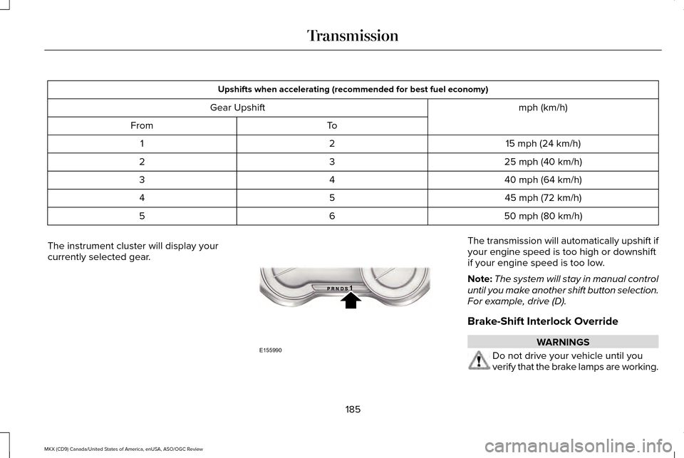 LINCOLN MKX 2016 Owners Manual Upshifts when accelerating (recommended for best fuel economy)
mph (km/h)
Gear Upshift
To
From
15 mph (24 km/h)
2
1
25 mph (40 km/h)
3
2
40 mph (64 km/h)
4
3
45 mph (72 km/h)
5
4
50 mph (80 km/h)
6
5
LINCOLN MKX 2016 Owners Manual Upshifts when accelerating (recommended for best fuel economy)
mph (km/h)
Gear Upshift
To
From
15 mph (24 km/h)
2
1
25 mph (40 km/h)
3
2
40 mph (64 km/h)
4
3
45 mph (72 km/h)
5
4
50 mph (80 km/h)
6
5